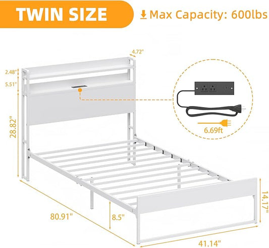 Elephance Twin Bed Frames with Charging Station and Storage Headboard, No Box Spring Needed, Noise Free, Easy Assembly
