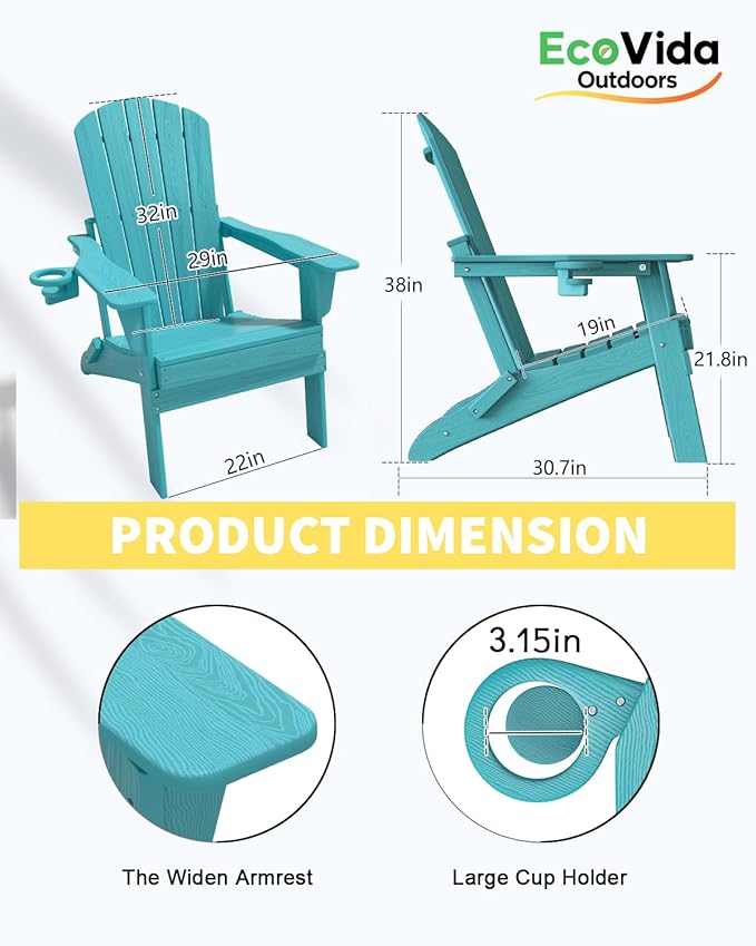 3-Piece Folding Adirondack Chair Set - 38" Extra Tall Back & Embossed Wood Grain, Oversized HDPE Patio Furniture with Side Table & Cup Holders, 380lb Heavy Duty, Aruba Blue