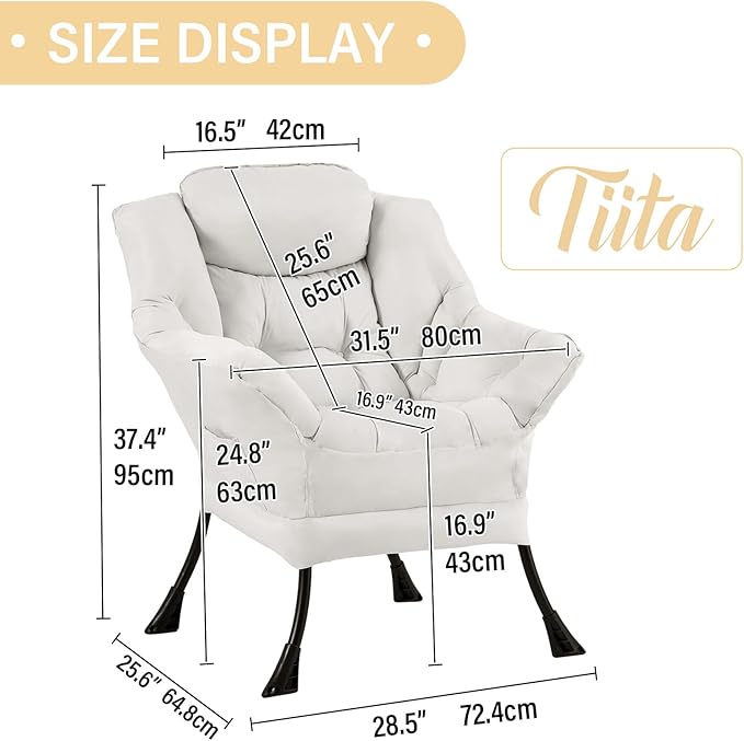 Tiita Lazy Chair, Modern Large Accent Lounge Armchair, Comfy Leisure Sofa Reading Chair for Bedroom, Living Room, Dorm Rooms, Garden and Courtyard, Beige