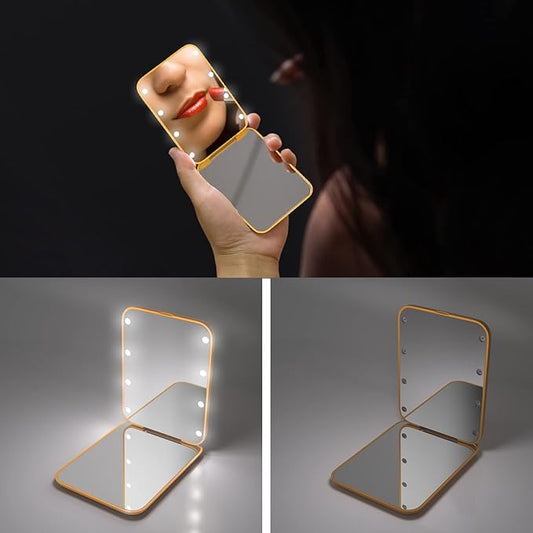 Kintion Pocket Mirror, 1X/3X Magnification LED Compact Travel Makeup Mirror with Light for Purse, 2-Sided, Portable, Folding, Handheld, Small Lighted Mirror for Gift, Yellow