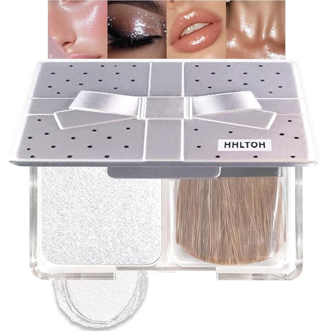 Silver White Sparkle Glitter Shimmer Highlighter Makeup Palette for Women, Silver White Buttery Creamy Powder Highlighter Eyeshadow Palette Vegan, Built-in Mirror & Brush – Girls Christmas Gift