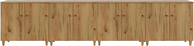 WAMPAT Storage Cabinets with Doors, Set of 4 Wood Sideboards Extra Wide Buffet Storage Cabinets, Accent Cabinets with 12 Compartments for Living Room, Dining Room, Kitchen, 2 Packs, Rustic Oak Brown