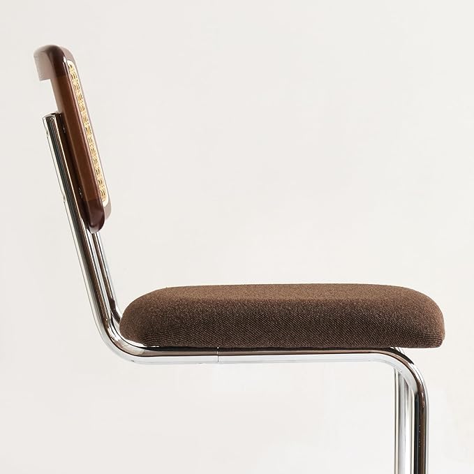 Natural Rattan Counter Height Stools Set of 3 with Solid Wood Back, 29 Inch Mid Century Modern Cesca Bar Stools, Brown Upholstery Boho Stool for Kitchen Counter with Chrome Metal Legs