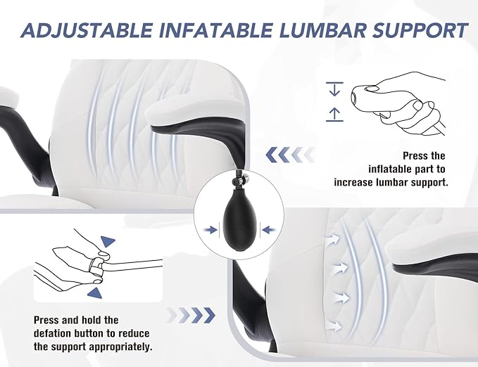 Office Chair with Adjustable Inflatable Lumbar Support,Leather Ergonomic Computer Desk Chair with Flip-up Arms,Adjustable Tilt Lock,Swivel Rolling Executive PC Chair for Work,Study,Meeting.White