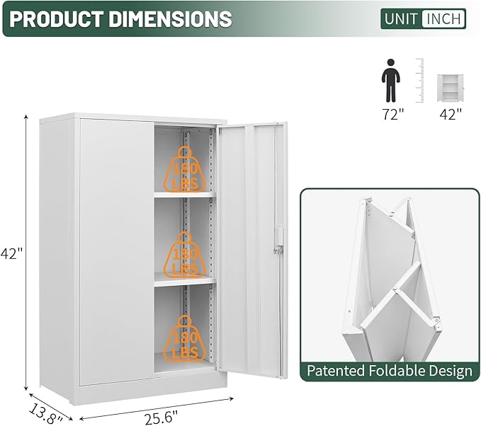 42" Folding Metal Storage Cabinet with Lock,2 Doors and 2 Adjustable Shelves,Quick Assembly Foldable Steel Cabinet for Office Home Garage,White