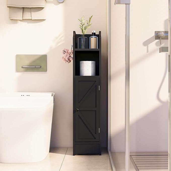 Small Bathroom Storage Cabinet, Toilet Paper Storage,Corner Floor Cabinet with Doors and Adjustable Shelf,Bathroom Organizer for Small Spaces Black