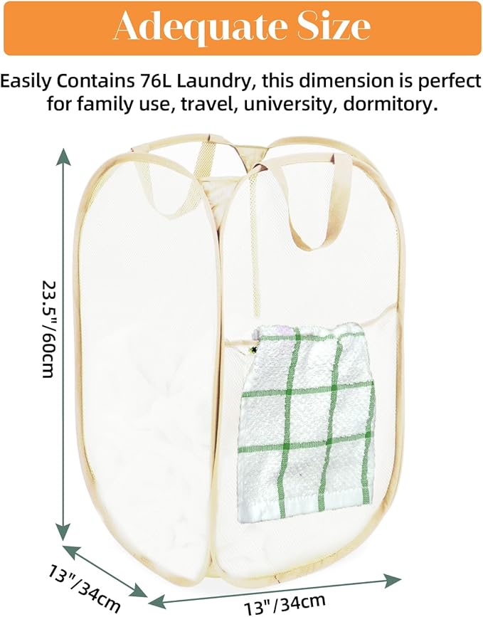 Durable Collapsible Laundry Baskets- Reinforced Mesh Pop Up Laundry Hamper with Side Pocket, Foldable Clothes Storage Hamper with Carry Handles for Laundry, Bathroom, Kids Room, Dorm or Travel Beige