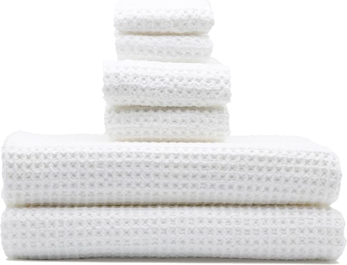 Italic Sedona Luxe Waffle Towel Set, 410 GSM 6-Piece 100% Cotton Set with 2 Bath Sheets, 2 Hand Towels & 2 Washcloths, Spa-Quality, White