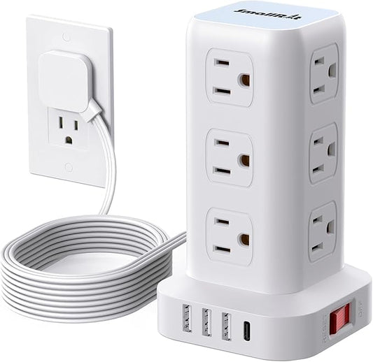 Power Strip Tower, 6.5 Ft Flat Plug Extension Cord, 16 IN 1 Power Bars with Surge Protector, Power Tower Bar with 12 AC Multiple Outlets 4 USB (1 USB C),for Home Office Desk