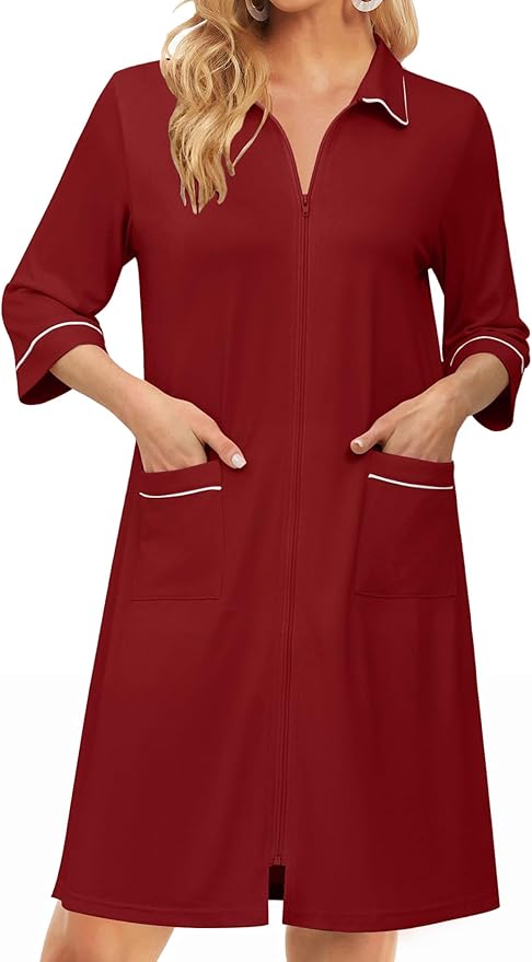 Ekouaer Zipper Robes for Women 3/4 Sleeve Housecoats Knee Length Bathrobe Lightweight Nightgown with Pockets S-3XL