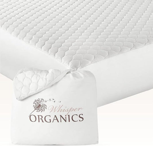 100% Cotton Organic Mattress Pad - Breathable & Cooling Mattress Protector Queen Size - Premium 300GSM Quilted and Noiseless Machine Washable Organic Mattress Protector (White, Queen)