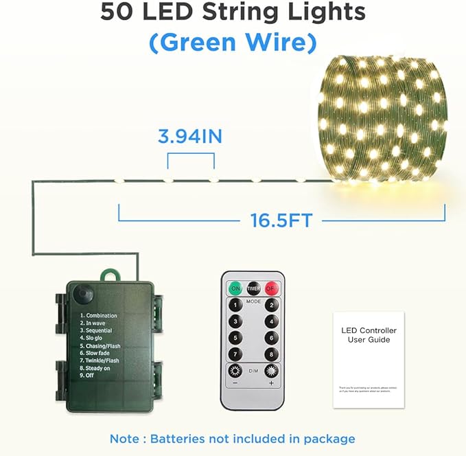 Battery Operated String Lights (4 Pack), 16.5ft 50 LED Fairy String Lights Battery Powered with Remote & Timer for Indoor Outdoor Christmas Trees Wreath Decoration Bedroom Patio - Warm White