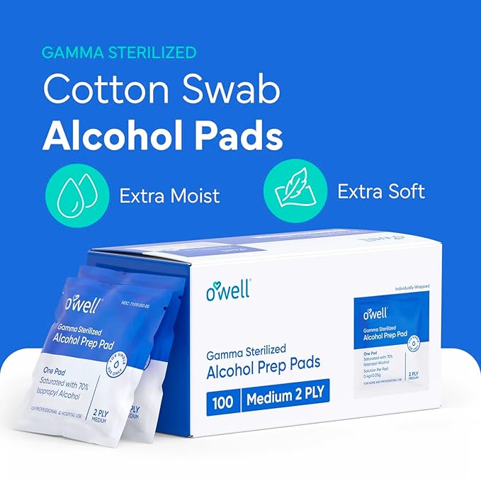 OWELL Prep Pads - 100 Individually Wrapped Sterile Alcohol Wipes, Medium 2-Ply Antiseptic Wipes for Disinfecting Skin, First Aid Kit Alcohol Swabs (100 Count)