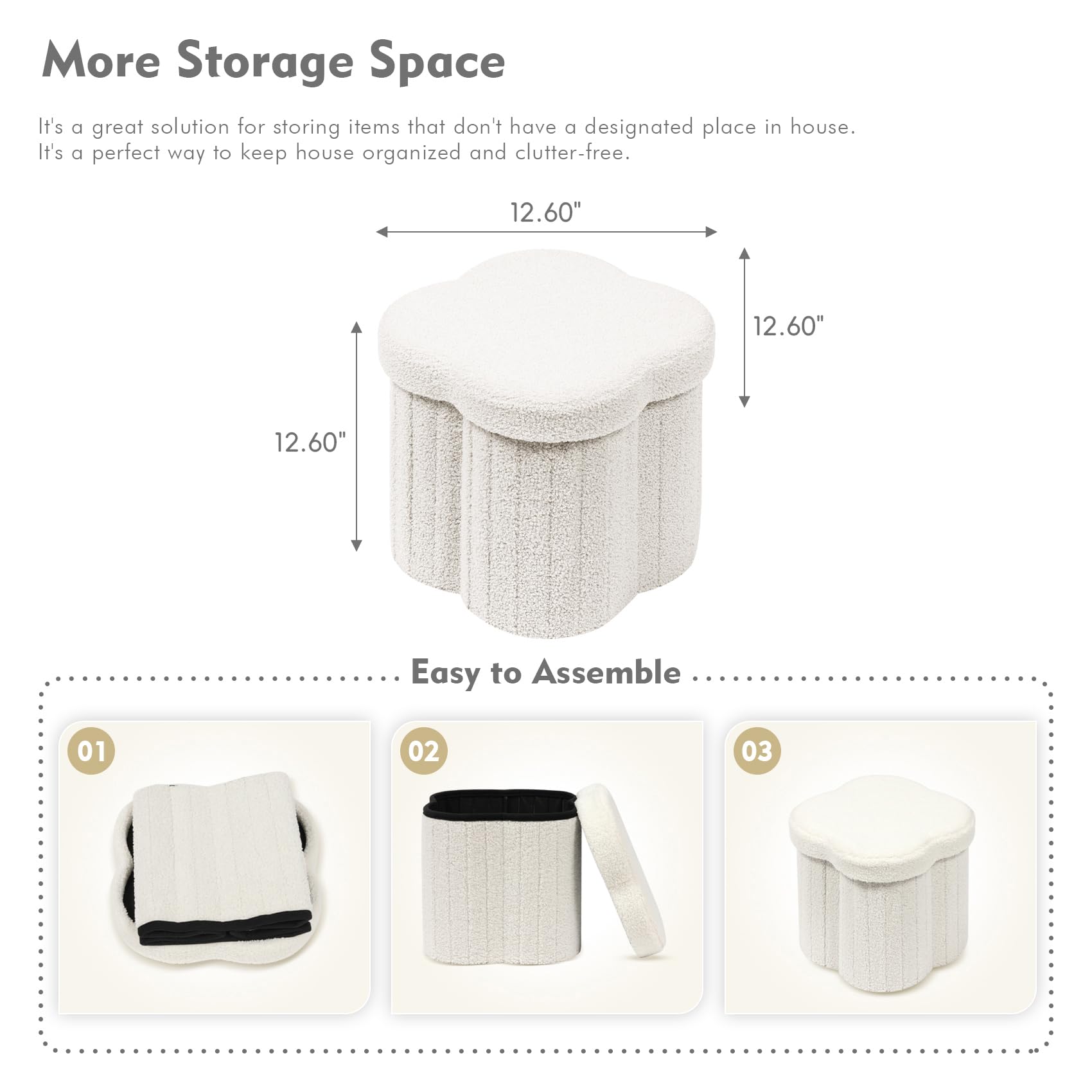 B FSOBEIIALEO Storage Ottoman Cube, Flowers Shaped Ottomans with Storage Foot Stool Footrest for Lving Room, Boucle Ottoman Seat for Dorm Room,Faux Teddy Fur,White 12.6"x12.6"x12.6" Dormly