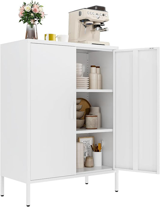 Metal Locker Cabinet, White Accent Storage Cabinets with 2 Doors And Adjustable Shelves, 3 Tier Modern Storage Freestanding Sideboard for Living Room,School,Office Home Kitchen (White, 2Doors-40"H)