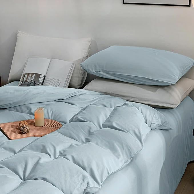 JELLYMONI Cotton Duvet Cover Full Size - 100% Washed Cotton Linen Like Textured Comforter Cover, 3 Pieces Breathable Soft Bedding Set with Zipper Closure (Light Blue, 80"x 90")