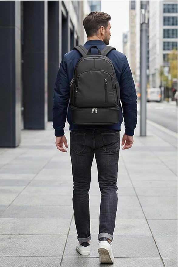 Unisex Lightweight Expandable Gym Backpack with Shoe Compartment, Waterproof Travel Bag for 14" Laptop Grey