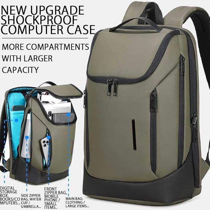 Shockproof Waterproof Laptop Backpack, 17-Inch Anti-Scratch Travel Backpack with Large Storage(Black/Gray/Green) (Olive green)