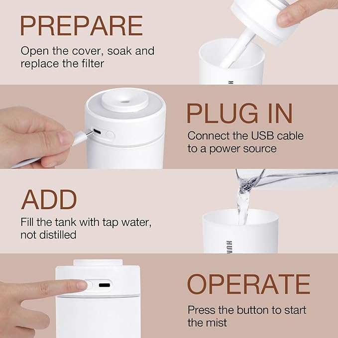 Portable Mini Humidifier, 180ml USB Cool Mist Small Humidifiers for Bedroom, Personal Desktop Humidification for Car Office Travel & Indoor Plants(White Grey)