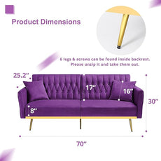 70” Velvet Futon Sofa Bed with 2 Pillows and Adjustable Armrests, Convertible Sleeper Bed W/Adjustable Backrests, Modern Loveseat for Living Room, Bedroom, Purpel