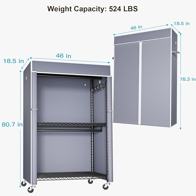 FUTASSI Black Clothing Rack with Grey Cover, P1C Plus Rolling Closets with Wheels, Metal Garment Rack for Hanging Clothes, Clothing Storage Wardrobe, 46" W x 18.5" D x 80.7" H, Load 524 Pounds