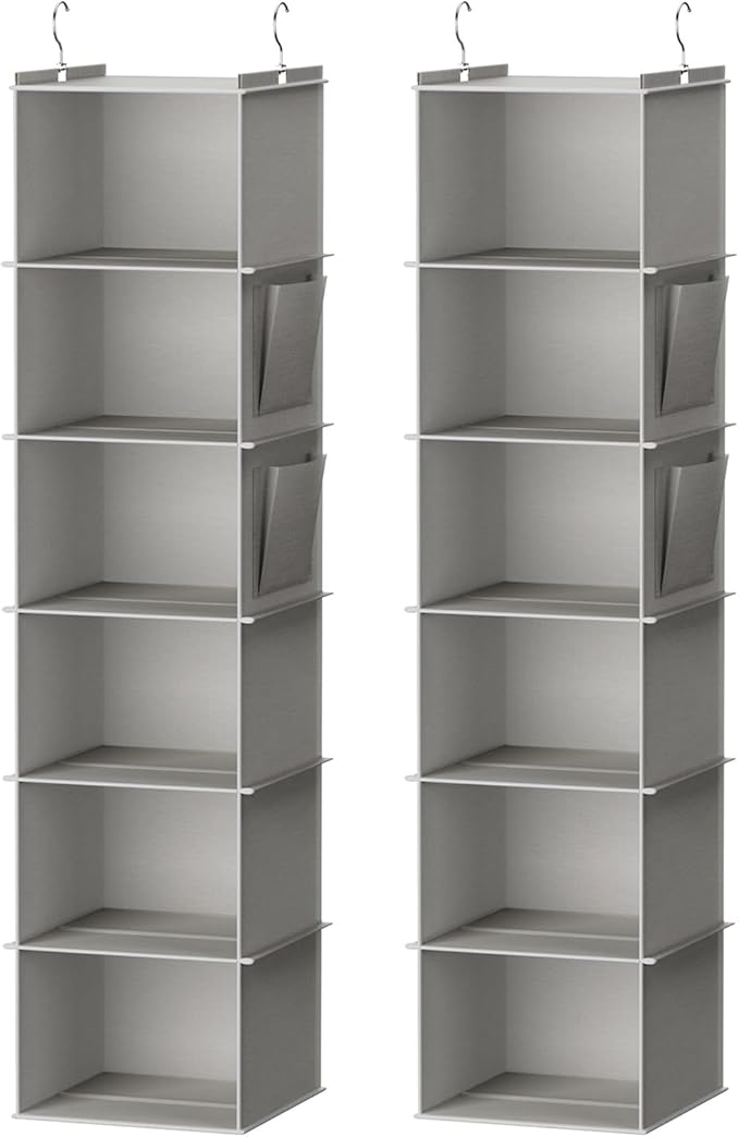 YOUDENOVA Hanging Closet Organizer, 6-Shelf Closet Hanging Storage Shelves, 2 Packs, Light Grey