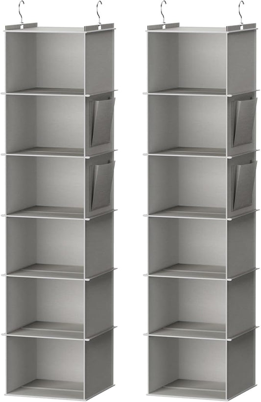 YOUDENOVA Hanging Closet Organizer, 6-Shelf Closet Hanging Storage Shelves, 2 Packs, Light Grey