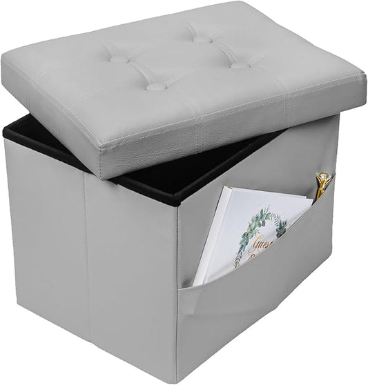 Storage Ottoman Foot Rest Stool, Small Leather Storage Ottomans Bench, Folding Footstool with Side Pockets, Foot Rest Under Desk for Living Room Bedroom, 17x13x13 in, Grey