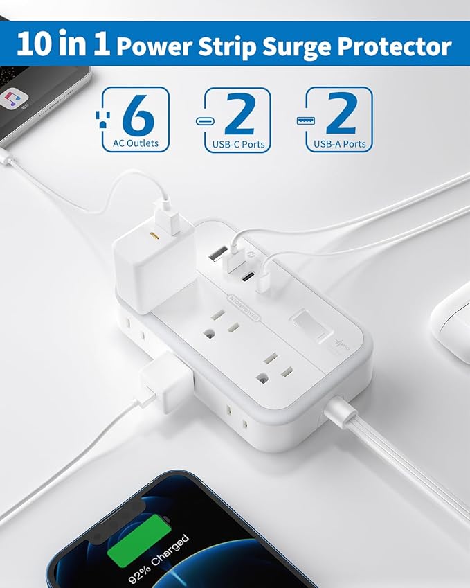 Flat Extension Cord 15 ft, NTONPOWER Power Strip with 6 Widely Outlets 4 USB Ports(2 USB C), Flat Plug, Wall Mounted, Side Outlet Extender for Indoor, Home Office, Dorm Room Essentials