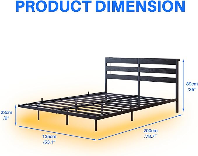 Floating Bed Frame Full Size with USB Charging Station, LED Bed Frame with Storage Headboard, Black Metal Platform Bed Double Size, No Box Spring Needed, Noise Free, Easy to Assemble