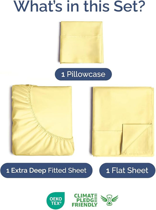 Extra Deep Pocket Twin XL Sheets - 3 Piece Breathable & Cooling Bed Sheets - Hotel Luxury Bed Sheet Set - Soft, Wrinkle Free & Comfy - Easily Fits Extra Deep Mattresses - Deep Pocket Yellow Sheets Set