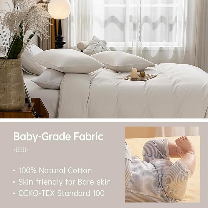 JELLYMONI Cotton Duvet Cover Full Size - Beige Comforter Cover with Button 100% Washed Cotton 3PCS Breathable Soft Solid Bedding Set Duvet Cover 80×90in & 2 Pillowcases (NO Comforter)