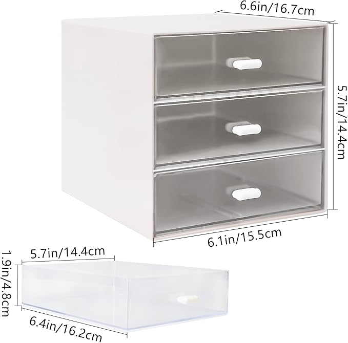 Desk Organizer with Drawer, Desk Storage Box, Plastic Office Stationery Supplies Organizers, Desktop Organizer for Office School Home (3 drawer, White)