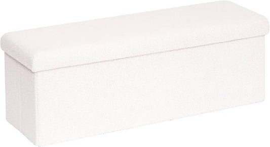 PINPLUS Folding Storage Ottoman Bench, Upholstered Sherpa Ottoman, Large Storage Chest Footrest Footstool with Lids, Entryway Bench for Living Room Bedroom, White, 43.3'' x 15'' x 15''