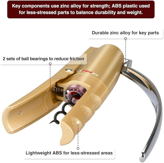 Forge Quality Compact Vertical Lever Corkscrew Wine Opener with Foil Cutter. 3 Seconds to Open a Bottle of Wine. Champagne Gold.