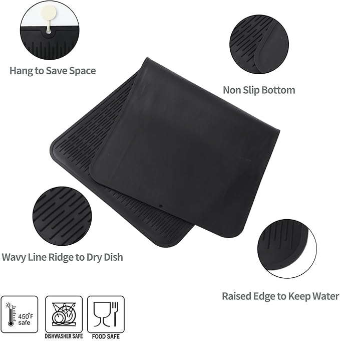 Silicone Dish Drying Mat for Multiple Usage,Easy clean,Eco-friendly,Heat-resistant Silicone Mat for Kitchen Counter or Sink,Refrigerator or Drawer Liner Black 5XL 36inches x 18inches