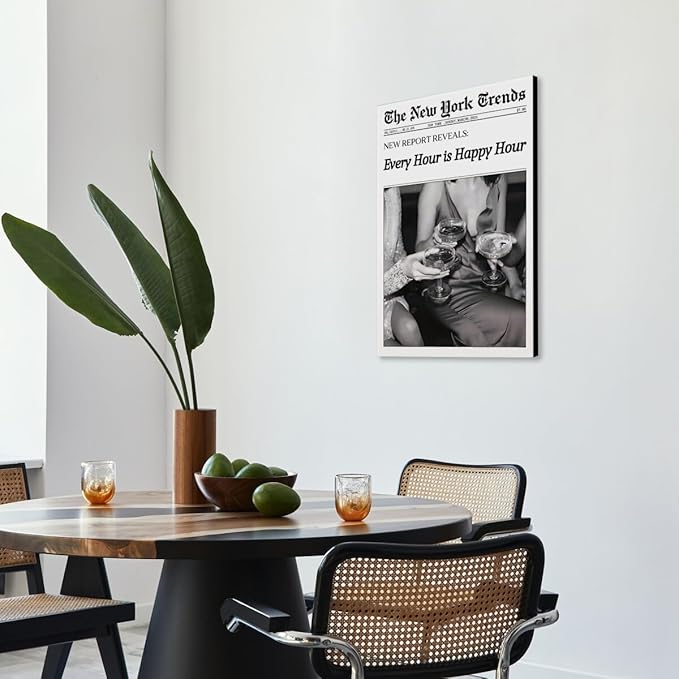 Retro New York Trends Wall Art Black and White Newspaper Poster Every Hour Is Happy Hour Canvas Prints Funky Feminist Posters Trendy Alcohol Wall Decor for Bar Cart Hot Girl Dorm Room Decorative 12x16inch Framed