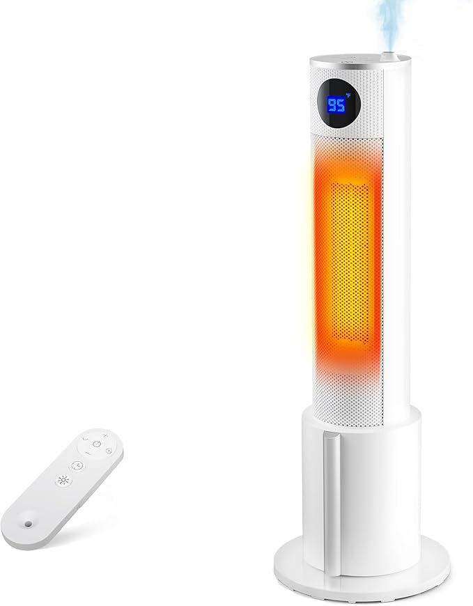 Space Heater with Humidifier - Portable Tower Heater for Indoor Use with 1L Water Tank, Space Heater Large Room, Office, Bedroom, Oscillation, 3 Heating Modes, 12H Timer, Tip-over Protection