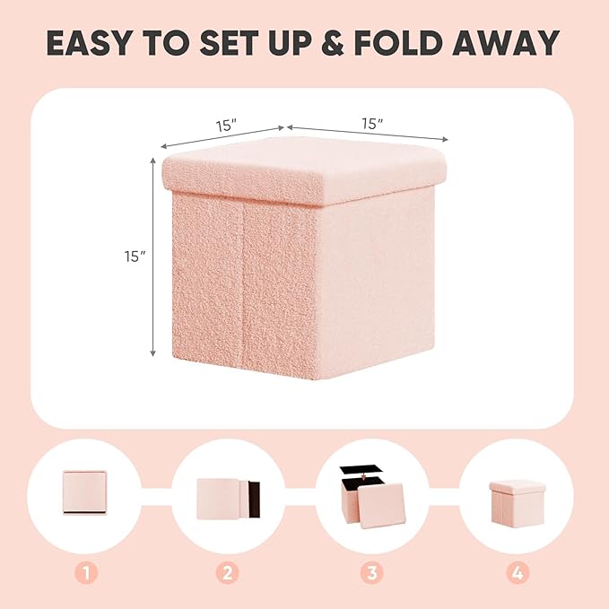 PINPLUS Storage Ottoman Cube Square Shaped Ottomans with Storage Foot Stool Footrest for Lving Room Boucle Ottoman Seat for Dorm Room,Faux Teddy Fur Pink,15"x15"x15"