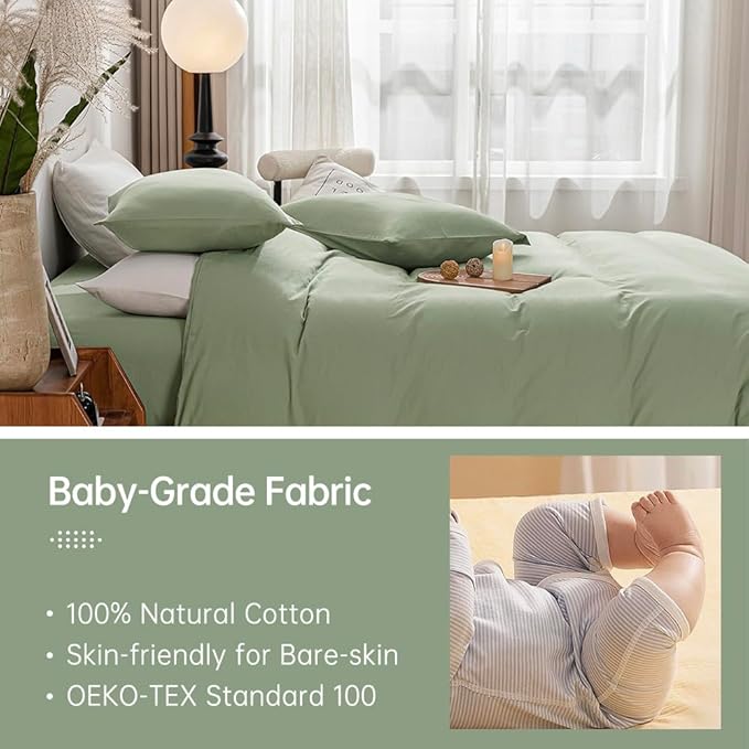 JELLYMONI Light Green Duvet Cover California King - 100% Washed Cotton Linen Like Textured Comforter Cover, 3 Pieces Breathable Soft Bedding Set with Zipper Closure (Light Green,Cal King 104"x98")