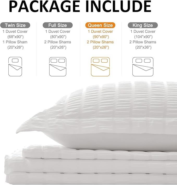 Cozyide White Duvet Cover Queen Size, Soft 3-Piece Seersucker Queen Duvet Cover Set, All Seasons Bedding Set with Zipper Closure and Corner Ties(90"x90", 2 Pillow Cases 20"x26")