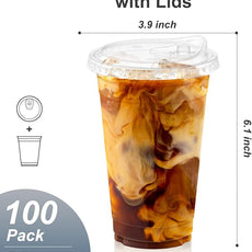 100 Pack - 20 oz Clear Plastic Cups with Lids, Sturdy & Food Safe Iced Coffee Cups with lids, Disposable Plastic Smoothie Cups for Cold Drinks, Sip Lids