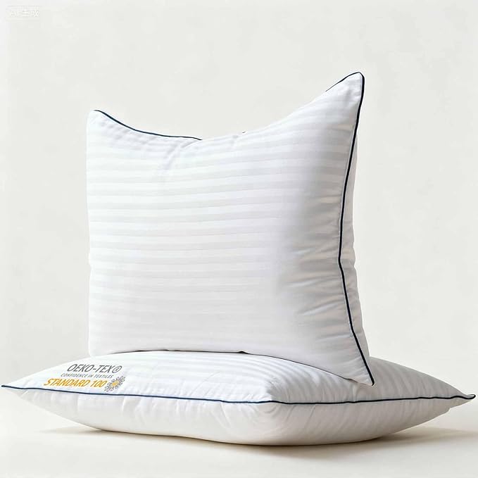 Thin Flat Bed Pillows Standard Size Set of 2 Pack for Sleeping, Squishy Fluffy Pillow for Stomach Back Sleeper, Hypoallergenic Machine Washable White Striped 20x26 inches