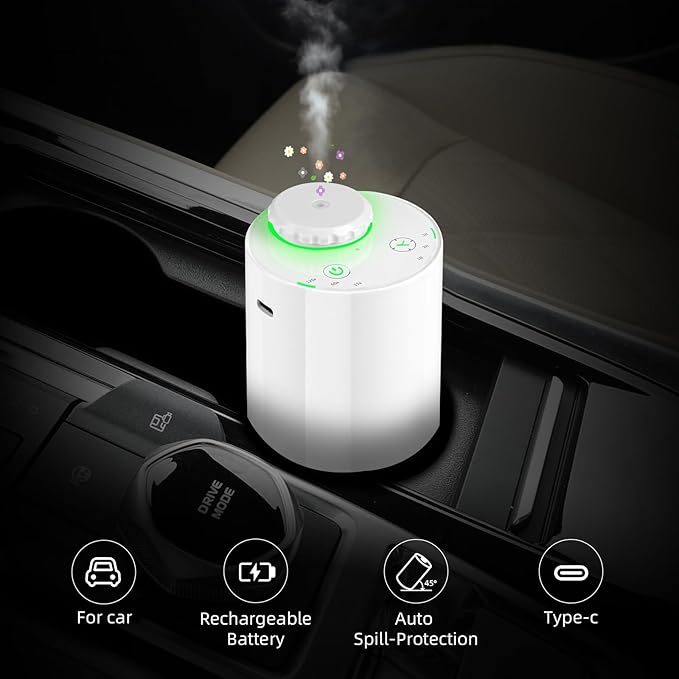 Waterless Diffuser for Essential Oil Nebulizer, 7 Colors LED Light, Battery Powered Mini Scent Air Machine, Aromatherapy Mist Diffuser for Home Room Car Office Black (White-2)