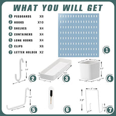 Pegboard Combination Kit, Wall Mounted Storage Set with 8 Pegboards & 28 Accessories Hanging, Peg Boards Organizer for Walls Display, Crafts Organization, Kitchen Organizer, 22