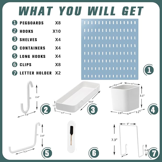 Pegboard Combination Kit, Wall Mounted Storage Set with 8 Pegboards & 28 Accessories Hanging, Peg Boards Organizer for Walls Display, Crafts Organization, Kitchen Organizer, 22" x 44" Blue