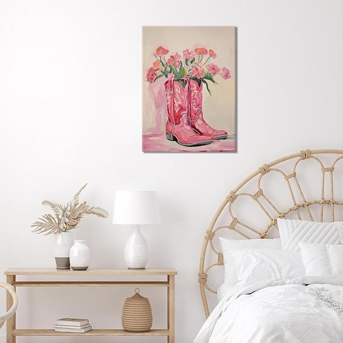 Julaydi Floral Cowgirl Boots Wall Art Pink Cowboy Boots with Flower Painting Western Aesthetic Canvas Prints Poster Trendy Preppy Girls Room Decor Picture for Living Room Bedroom Dorm 12x16in Framed