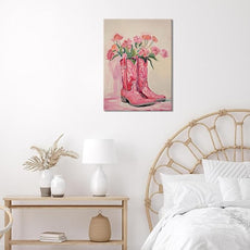 Julaydi Floral Cowgirl Boots Wall Art Pink Cowboy Boots with Flower Painting Western Aesthetic Canvas Prints Poster Trendy Preppy Girls Room Decor Picture for Living Room Bedroom Dorm 16x24in Framed