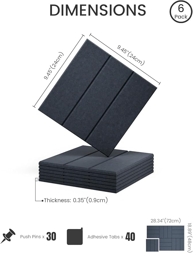 Felt Bulletin Board Tiles -28"x18" with 40 Adhesive Tabs, Cork Board Alternative for Office Decor, Push Pin Board Wall Organizer 6-Pack(Deep Charcoal Blue)