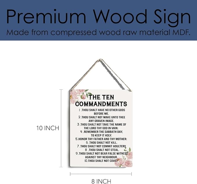 YCYD Ten Commandments Decor,10 Commandments Desk Poster, Christian Bible Verse Decor Religious Home Rustic Wooden Box Sign for Living Room Bedroom Office 10 x 8 Inches flower